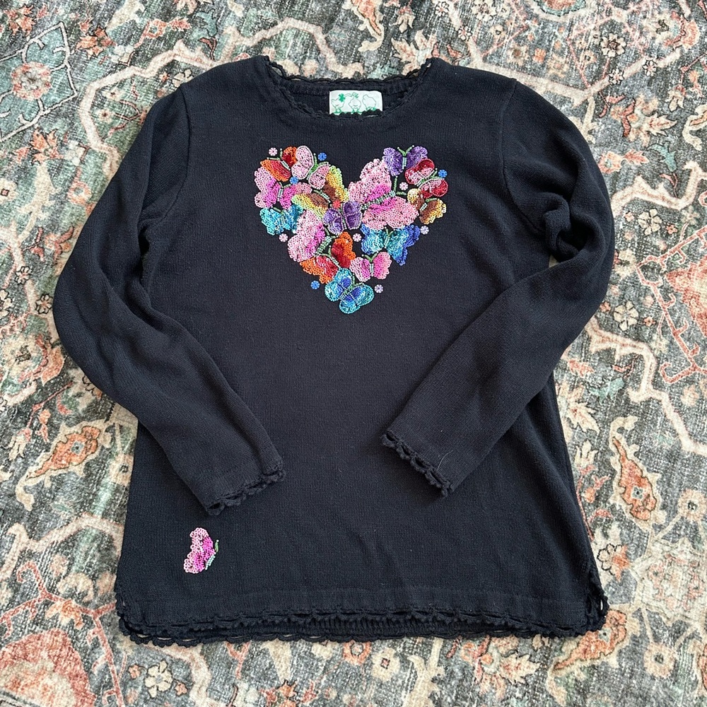 Vintage Sequined Butterfly Heart Sweater Grandmacore Glam Whimsical Eclectic